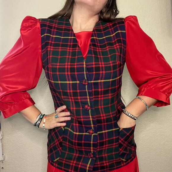 Vintage 70s Holiday Xmas Christmas Check Plaid Wool V Neck Vest | S/M - Picture 1 of 9